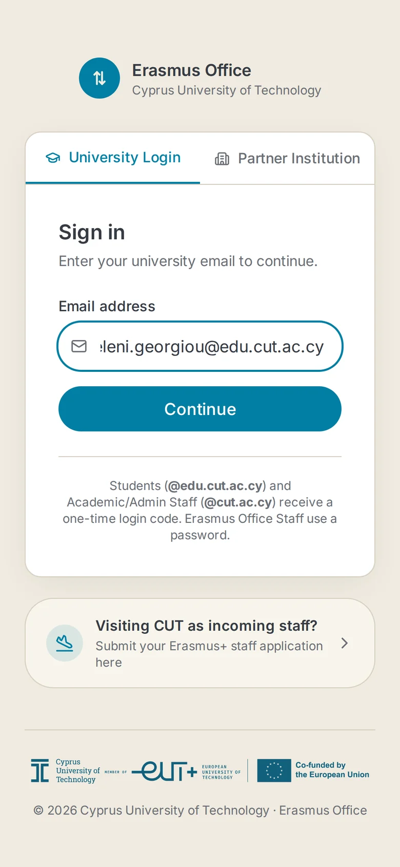 The sign-in screen with a student e-mail typed in and the Continue button