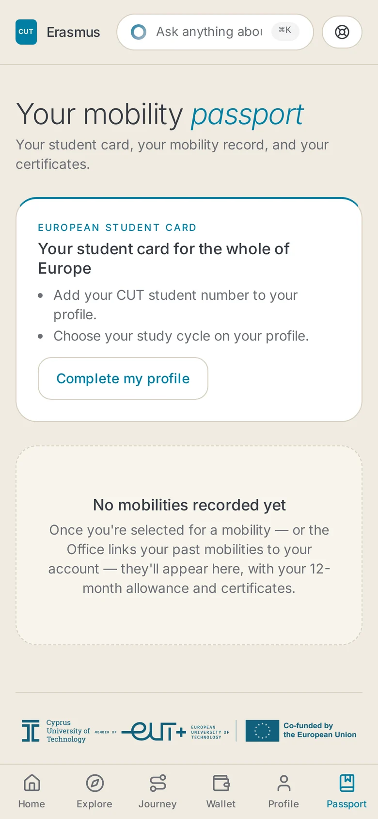 The Passport listing what is missing from the profile, with the Complete my profile button
