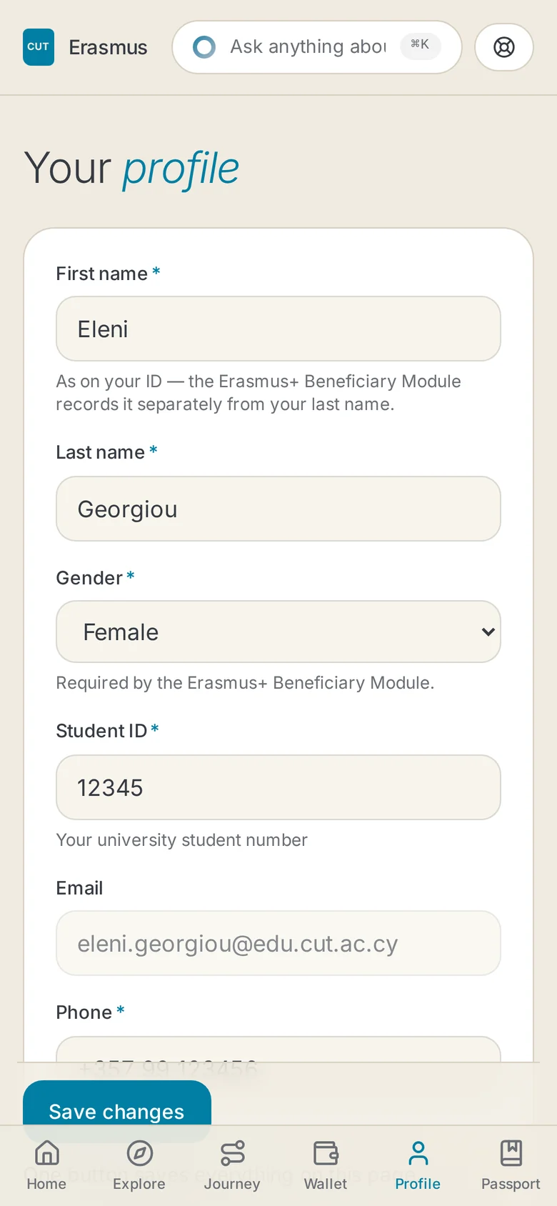 The top of the Profile form with name, gender and student ID filled in