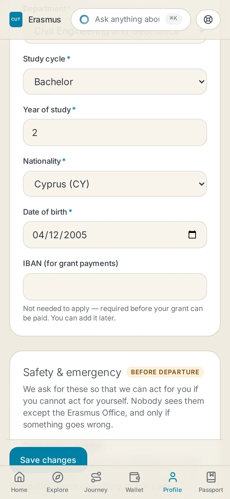 Study cycle, year of study, nationality and date of birth, with the Save changes button