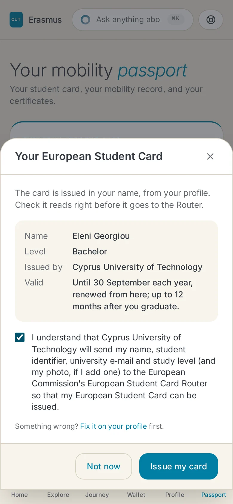 The confirmation sheet: name, level, issuer, validity, the ticked statement and the Issue my card button