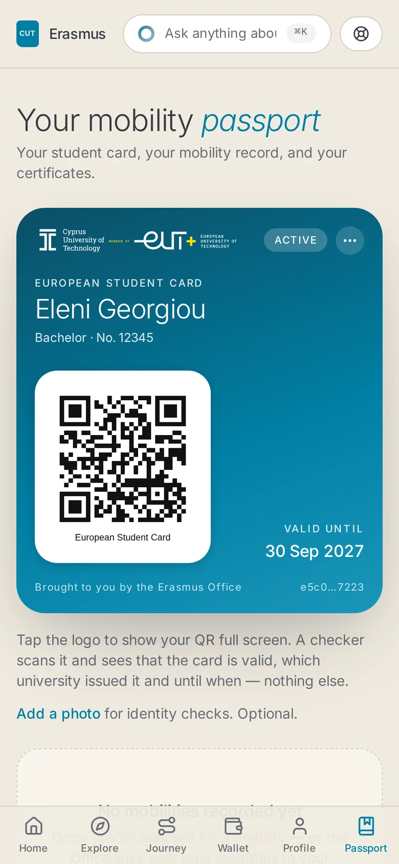 The issued European Student Card on the Passport, with the QR, the validity date and the ··· button
