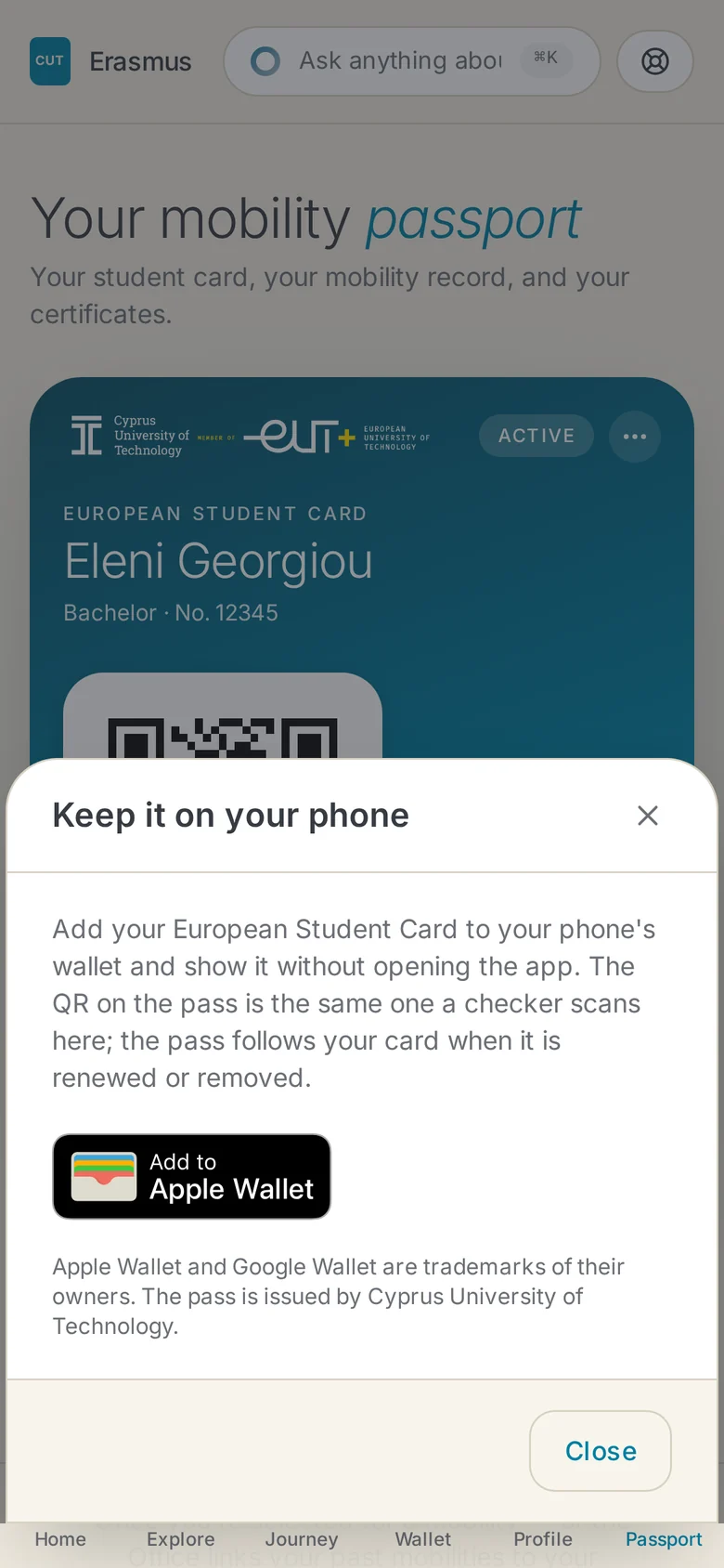 The Keep it on your phone sheet on an iPhone, with the Add to Apple Wallet button