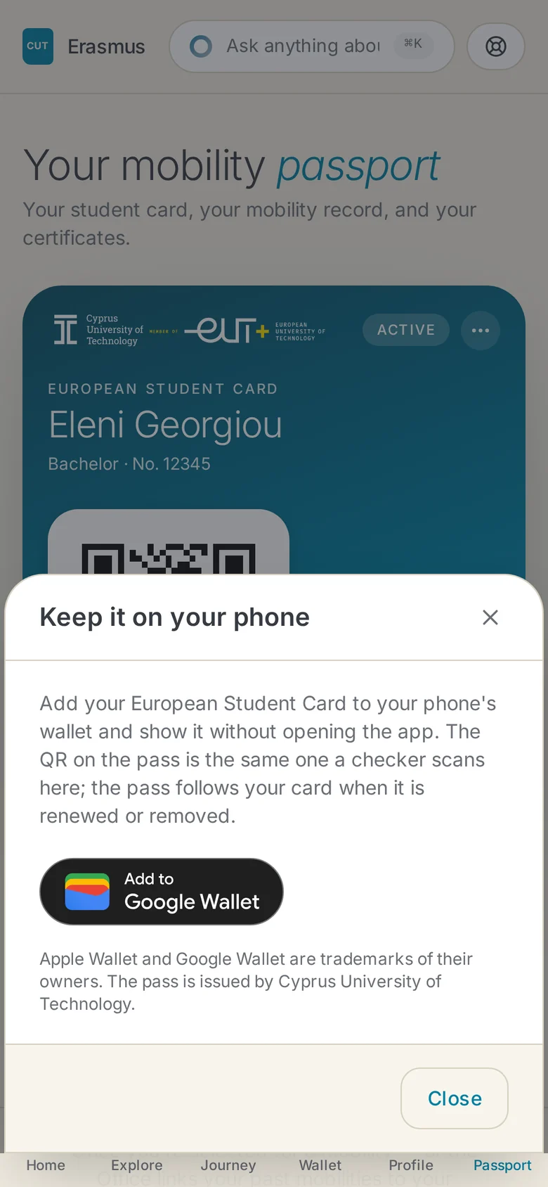 The Keep it on your phone sheet on Android, with the Add to Google Wallet button